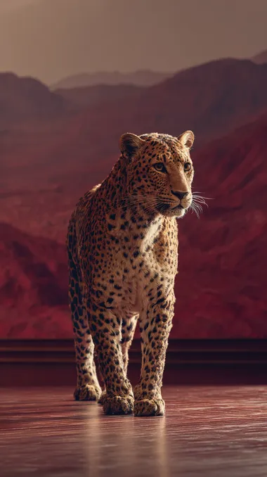 extreame wide angle shot of a leopard standing in the middle of a studio background, deep red mountains stretching in the distance. Studio lighting. luxury, power, and elegance in every detail