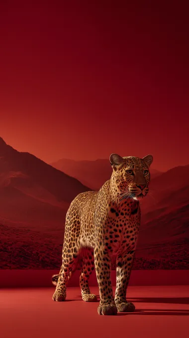extreame wide angle shot of a leopard standing in the middle of a studio background, deep red mountains stretching in the distance. Studio lighting. luxury, power, and elegance in every detail