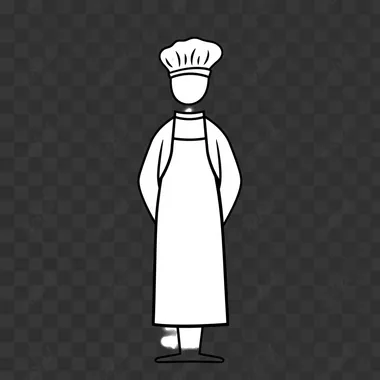 A clipart syle image of a chef in apron and chef hat drawn with simple lines, using bold black outlines, and the overall design should convey simplicity through its clean minimalistic style. No shading 2D flat. simple to draw, very simple, easy, easy to draw, no details, ultra simple, for kids, low detailed, less detailed, thick edges, smooth, inanimate, bold and easy, coloring page. The colour should be vibrant bright pastel colour. It's designed for kids so make sure there will not any text or letters inside the white box. s no shapes, salad no shadow. NO BACKGROUND ar 30:17