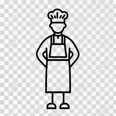 A clipart syle image of a chef in apron and chef hat drawn with simple lines, using bold black outlines, and the overall design should convey simplicity through its clean minimalistic style. No shading 2D flat. simple to draw, very simple, easy, easy to draw, no details, ultra simple, for kids, low detailed, less detailed, thick edges, smooth, inanimate, bold and easy, coloring page. The colour should be vibrant bright pastel colour. It's designed for kids so make sure there will not any text or letters inside the white box. s no shapes, salad no shadow. NO BACKGROUND ar 30:17