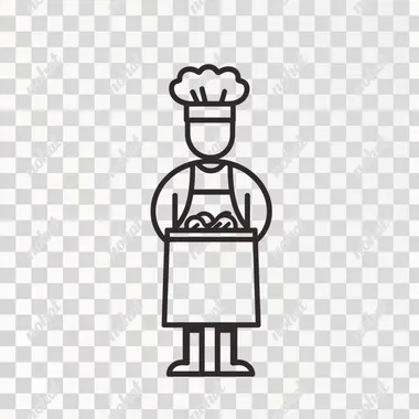 A clipart syle image of a chef in apron and chef hat drawn with simple lines, using bold black outlines, and the overall design should convey simplicity through its clean minimalistic style. No shading 2D flat. simple to draw, very simple, easy, easy to draw, no details, ultra simple, for kids, low detailed, less detailed, thick edges, smooth, inanimate, bold and easy, coloring page. The colour should be vibrant bright pastel colour. It's designed for kids so make sure there will not any text or letters inside the white box. s no shapes, salad no shadow. NO BACKGROUND ar 30:17
