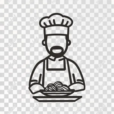 A clipart syle image of a chef in apron and chef hat drawn with simple lines, using bold black outlines, and the overall design should convey simplicity through its clean minimalistic style. No shading 2D flat. simple to draw, very simple, easy, easy to draw, no details, ultra simple, for kids, low detailed, less detailed, thick edges, smooth, inanimate, bold and easy, coloring page. The colour should be vibrant bright pastel colour. It's designed for kids so make sure there will not any text or letters inside the white box. s no shapes, salad no shadow. NO BACKGROUND ar 30:17