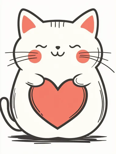 Kawaii cute cat with heart coloring page, white background, simple line art style, minimalist, low details, no shading, black and thick lines.   --raw