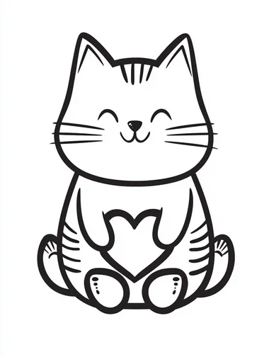 Kawaii cute cat with heart coloring page, white background, simple line art style, minimalist, low details, no shading, black and thick lines.   --raw