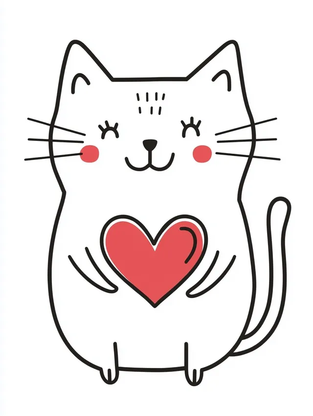 Kawaii Cat with Heart Coloring Page