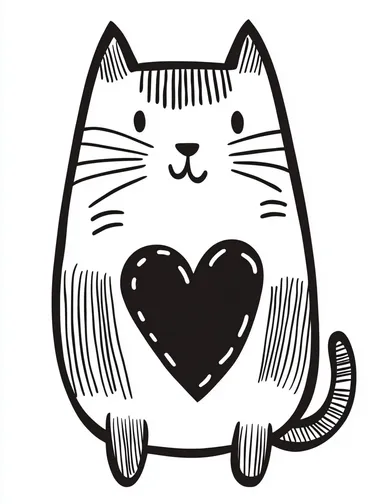 Kawaii cute cat with heart coloring page, white background, simple line art style, minimalist, low details, no shading, black and thick lines.   --raw