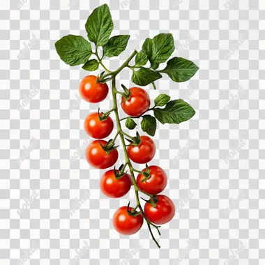 Fresh delicious tomatoes on a branch with green leaves isolated on white