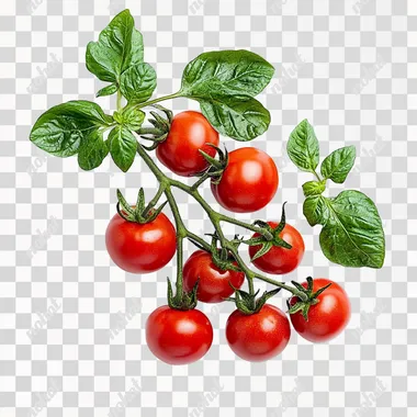 Fresh delicious tomatoes on a branch with green leaves isolated on white