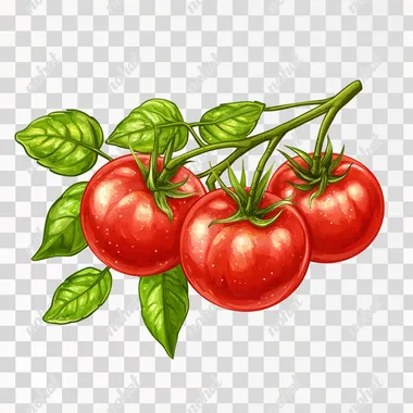 Fresh delicious tomatoes on a branch with green leaves isolated on white