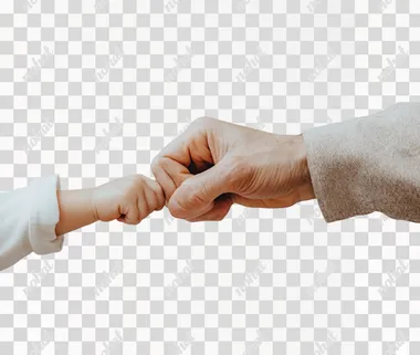 A photo of an adult's hand and child doing the fist bump gesture, with light grey background, high resolution