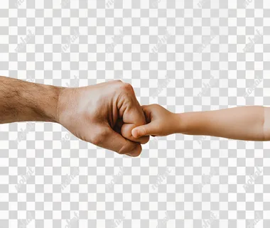A photo of an adult's hand and child doing the fist bump gesture, with light grey background, high resolution