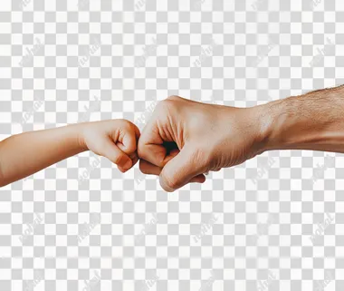 A photo of an adult's hand and child doing the fist bump gesture, with light grey background, high resolution