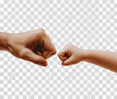 A photo of an adult's hand and child doing the fist bump gesture, with light grey background, high resolution