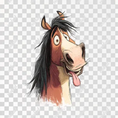 Cartoon-style horse with a funny, tongue-sticking-out expression, on a white, borderless background in high resolution. Pixar-style illustration.