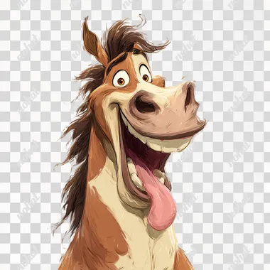 Cartoon-style horse with a funny, tongue-sticking-out expression, on a white, borderless background in high resolution. Pixar-style illustration.