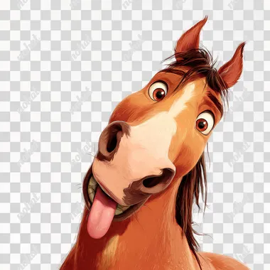 Cartoon-style horse with a funny, tongue-sticking-out expression, on a white, borderless background in high resolution. Pixar-style illustration.