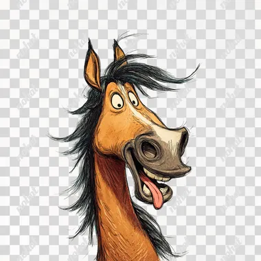 Cartoon-style horse with a funny, tongue-sticking-out expression, on a white, borderless background in high resolution. Pixar-style illustration.