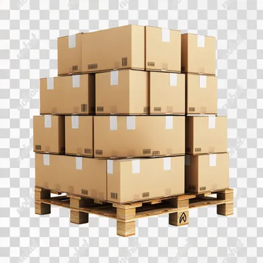 A 3D render of stacked cardboard boxes on a pallet, isolated on a white background, emphasizing reliability and order, clean and modern design
