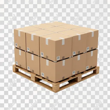 A 3D render of stacked cardboard boxes on a pallet, isolated on a white background, emphasizing reliability and order, clean and modern design