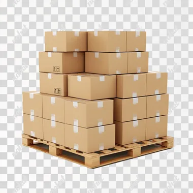 A 3D render of stacked cardboard boxes on a pallet, isolated on a white background, emphasizing reliability and order, clean and modern design
