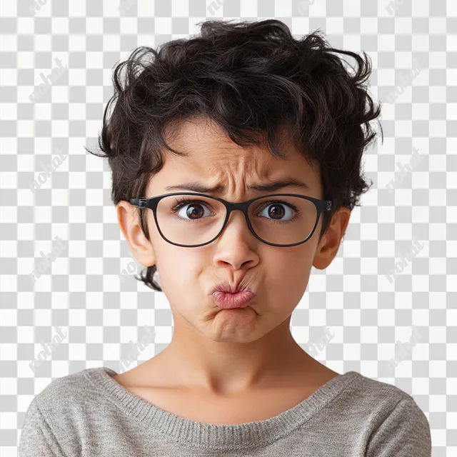 PNG Young boy in glasses makes funny face, annoyed mother nearby