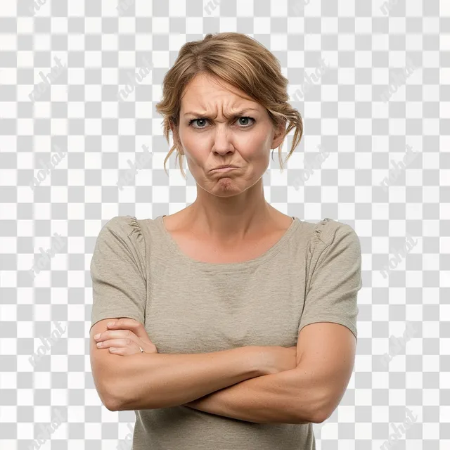 PNG Annoyed mother with arms crossed in modern living room setting