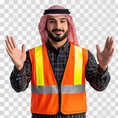 an arab event operator wearing a hi-vis welcoming gesture on white background