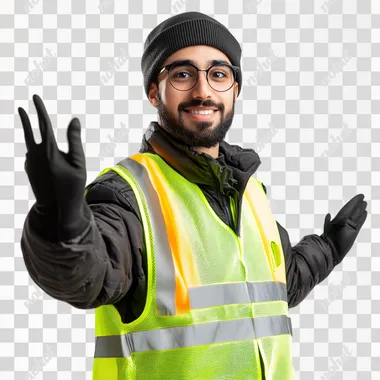 an arab event operator wearing a hi-vis welcoming gesture on white background