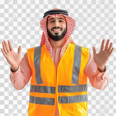 an arab event operator wearing a hi-vis welcoming gesture on white background