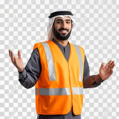 an arab event operator wearing a hi-vis welcoming gesture on white background
