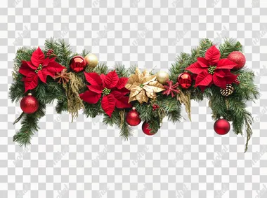 An elegant Christmas garland hanging on a wall, decorated with vibrant red poinsettias, golden ornaments, shiny red baubles, and lush green pine branches. The garland is arranged in a natural U-shape, with its sides gracefully cascading downward. The background is pure white, showcasing the garland clearly and without distractions. Ensure realistic details and a festive, balanced design, emphasizing the natural flow of the curve.