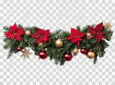 An elegant Christmas garland hanging on a wall, decorated with vibrant red poinsettias, golden ornaments, shiny red baubles, and lush green pine branches. The garland is arranged in a natural U-shape, with its sides gracefully cascading downward. The background is pure white, showcasing the garland clearly and without distractions. Ensure realistic details and a festive, balanced design, emphasizing the natural flow of the curve.