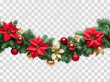 An elegant Christmas garland hanging on a wall, decorated with vibrant red poinsettias, golden ornaments, shiny red baubles, and lush green pine branches. The garland is arranged in a natural U-shape, with its sides gracefully cascading downward. The background is pure white, showcasing the garland clearly and without distractions. Ensure realistic details and a festive, balanced design, emphasizing the natural flow of the curve.
