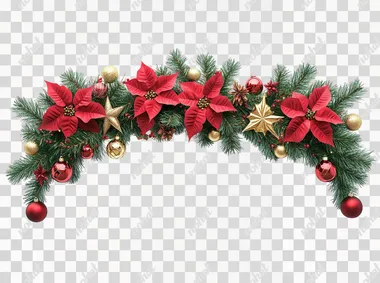 An elegant Christmas garland hanging on a wall, decorated with vibrant red poinsettias, golden ornaments, shiny red baubles, and lush green pine branches. The garland is arranged in a natural U-shape, with its sides gracefully cascading downward. The background is pure white, showcasing the garland clearly and without distractions. Ensure realistic details and a festive, balanced design, emphasizing the natural flow of the curve.