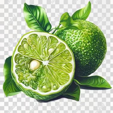 A vibrant green lime, with one half cut to reveal its juicy interior, showing bright green segments. The lime has a smooth, glossy surface, with tiny texture details. Next to the lime are a few deep green leaves, adding freshness to the scene. The image is placed on a clean white background, highlighting the bright green colors and the glossy, refreshing look of the lime.