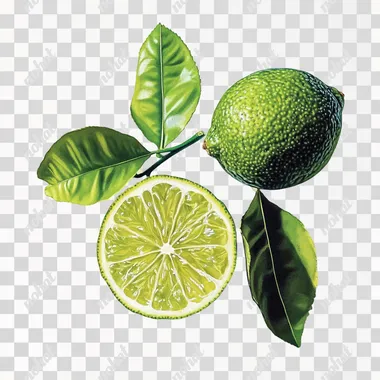 A vibrant green lime, with one half cut to reveal its juicy interior, showing bright green segments. The lime has a smooth, glossy surface, with tiny texture details. Next to the lime are a few deep green leaves, adding freshness to the scene. The image is placed on a clean white background, highlighting the bright green colors and the glossy, refreshing look of the lime.