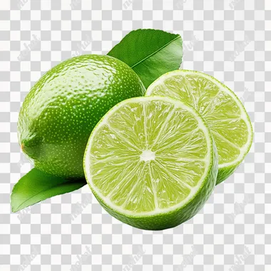 A vibrant green lime, with one half cut to reveal its juicy interior, showing bright green segments. The lime has a smooth, glossy surface, with tiny texture details. Next to the lime are a few deep green leaves, adding freshness to the scene. The image is placed on a clean white background, highlighting the bright green colors and the glossy, refreshing look of the lime.