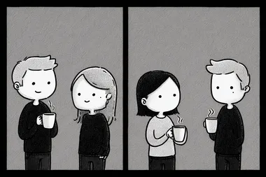 A simple black-and-white line drawing of three panels, each panel featuring two characters enjoying coffee together. The first character is smiling while holding the cup with both hands, while another person nearby holds their own mug up to their face. They seem happy in conversation as they savor steaming hot tea or cocoa.  --s 750