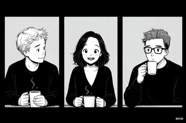 A simple black-and-white line drawing of three panels, each panel featuring two characters enjoying coffee together. The first character is smiling while holding the cup with both hands, while another person nearby holds their own mug up to their face. They seem happy in conversation as they savor steaming hot tea or cocoa.  --s 750
