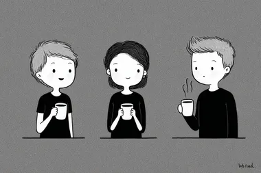 A simple black-and-white line drawing of three panels, each panel featuring two characters enjoying coffee together. The first character is smiling while holding the cup with both hands, while another person nearby holds their own mug up to their face. They seem happy in conversation as they savor steaming hot tea or cocoa.  --s 750