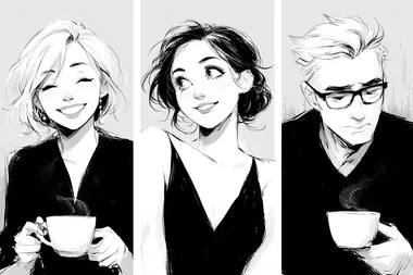 A simple black-and-white line drawing of three panels, each panel featuring two characters enjoying coffee together. The first character is smiling while holding the cup with both hands, while another person nearby holds their own mug up to their face. They seem happy in conversation as they savor steaming hot tea or cocoa.  --s 750