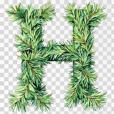 The letter H decorated with needles. The tree has a beautiful green color coniferous branches.