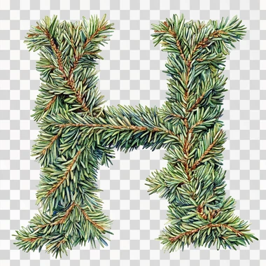 The letter H decorated with needles. The tree has a beautiful green color coniferous branches.