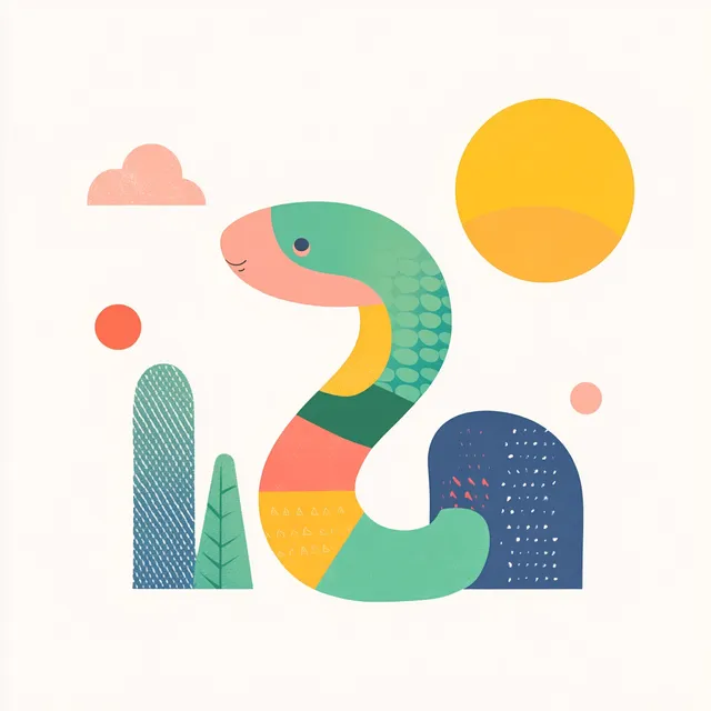 Cute Snake Illustration with Sun in Background, Minimalist Design