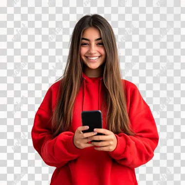 girl in a red sweat shirt using a mobile with a smile on white background, shot on canon EOS R6, cinematic, wide lense, global illumination, natural looking