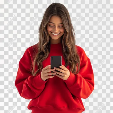 girl in a red sweat shirt using a mobile with a smile on white background, shot on canon EOS R6, cinematic, wide lense, global illumination, natural looking