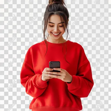 girl in a red sweat shirt using a mobile with a smile on white background, shot on canon EOS R6, cinematic, wide lense, global illumination, natural looking