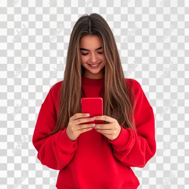girl in a red sweat shirt using a mobile with a smile on white background, shot on canon EOS R6, cinematic, wide lense, global illumination, natural looking