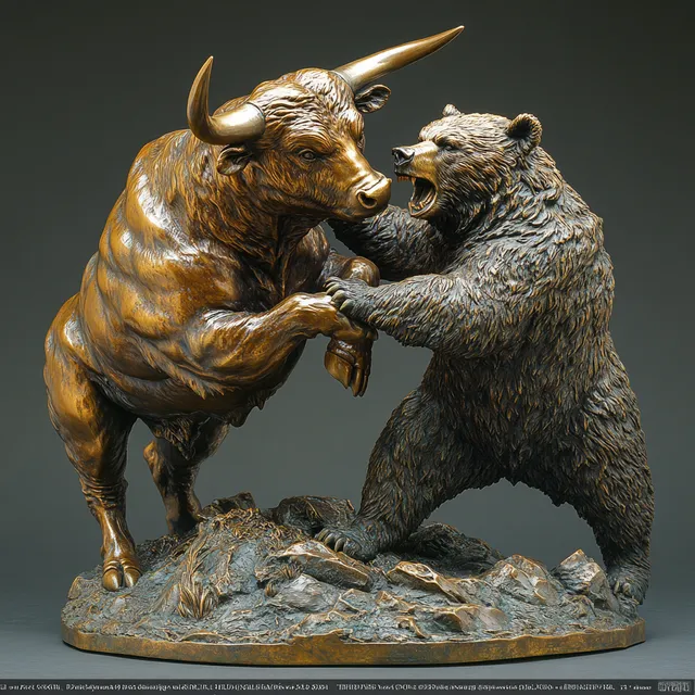 Bronze Sculpture of Bull and Bear Fighting on Rugged Terrain Base