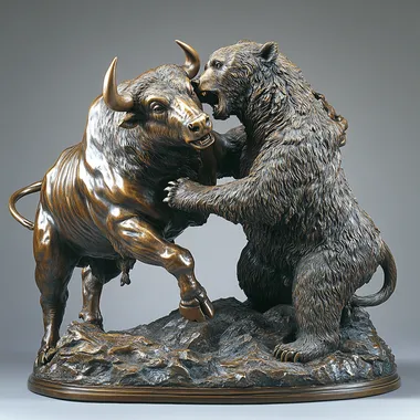 A highly detailed bronze sculpture of a bull and a bear locked in a fierce battle. The bull is in mid-air, leaning forward with its horns aimed downward, symbolizing aggression and strength. The bear is on its back, gripping the bulls head with its powerful claws, mouth open as if roaring in defiance. The sculpture is set on a small, textured base that resembles rugged terrain, colored in dark green and black. The bulls muscular build and the bears fur texture are meticulously crafted, capturing the dynamic movement and raw intensity of their struggle. The overall color palette is dark bronze with hints of green on the base, and the bear has subtle golden accents on its claws and the bull on its horns. The style is realistic with intricate details, showcasing strength and the contrasting energies of bullish and bearish symbolism. --s 750